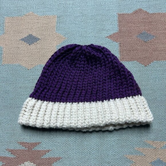 Vintage crochet knit beanie hand made purple white snow toboggan soft adult OSFA - Picture 2 of 5